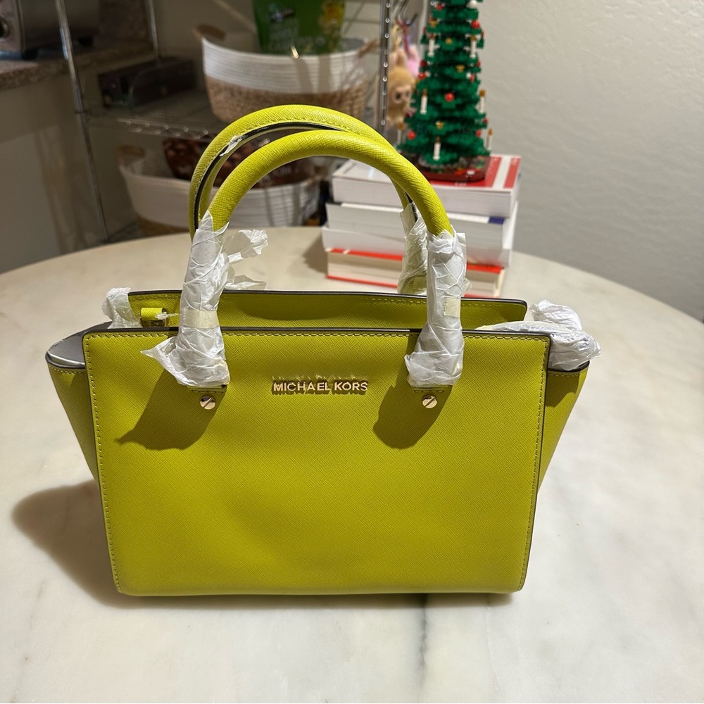 MICHAEL Michael Kors Yellow-Green Saffiano Leather Satchel - Picture 12 of 15